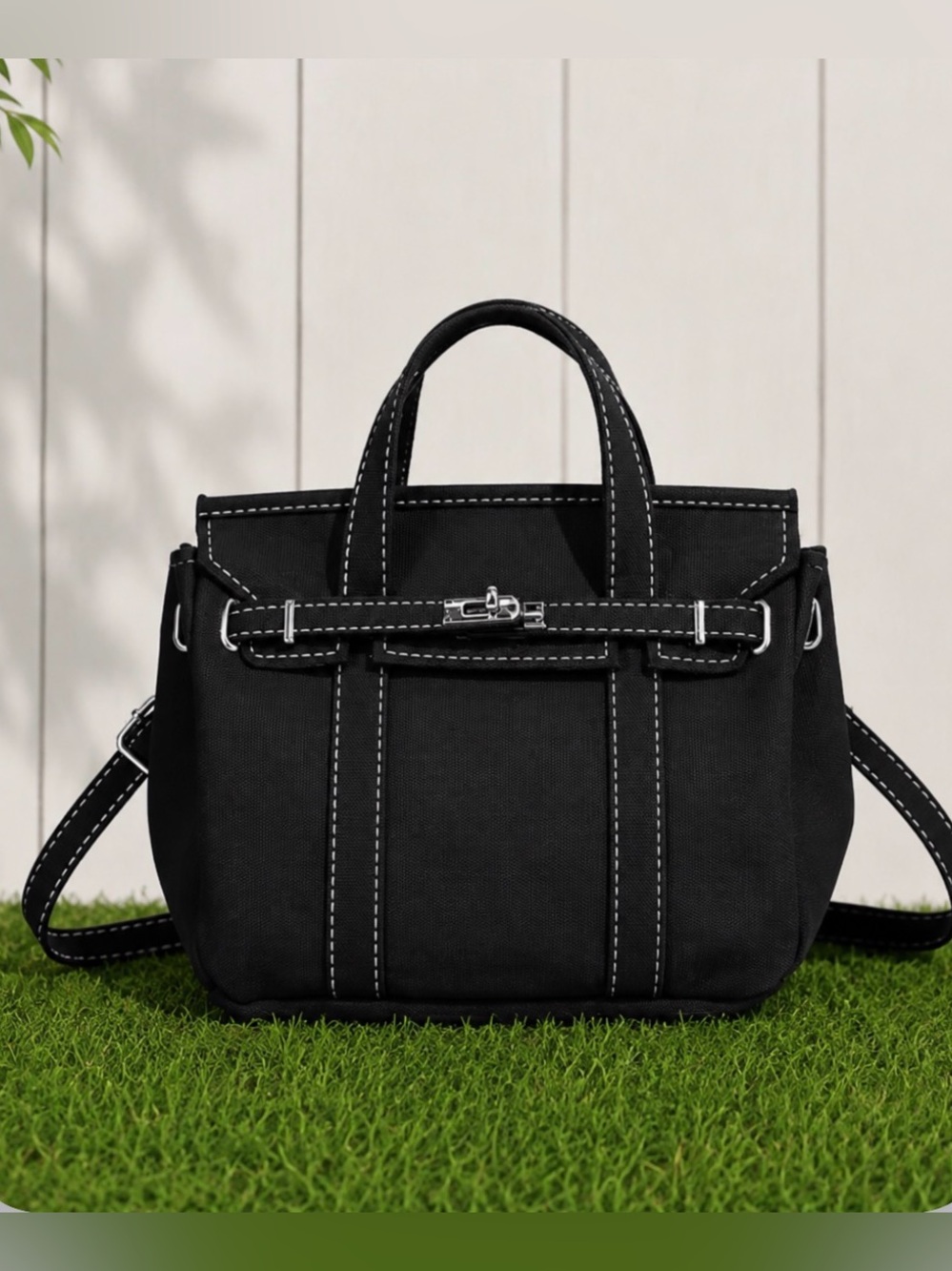 Small Black Canvas Tote Bag with Adjustable Strap